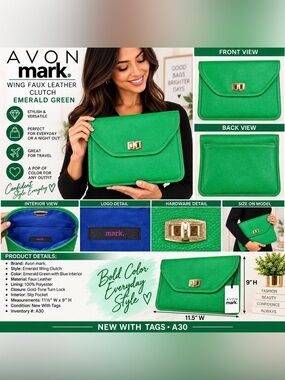 AVON MARK WING FAUX LEATHER CLUTCH – GREEN (NEW WITH TAGS) A30